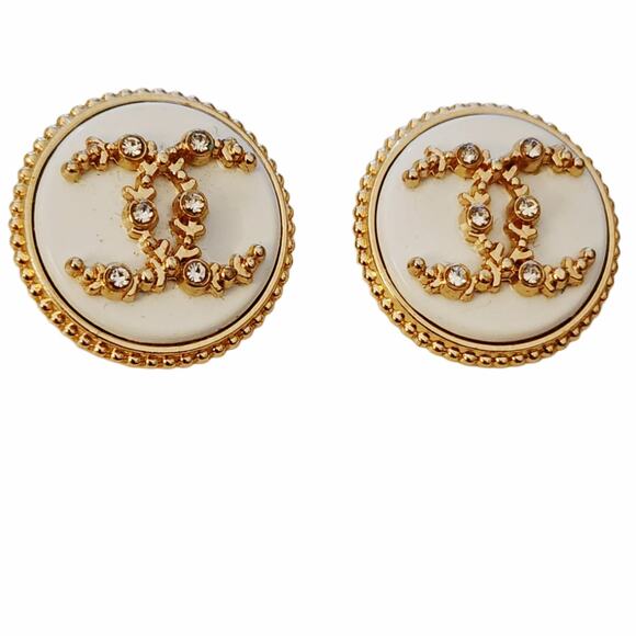 Repurposed Gold, White & Rhinestone Designer Button Stud Earrings - Picture 2 of 4